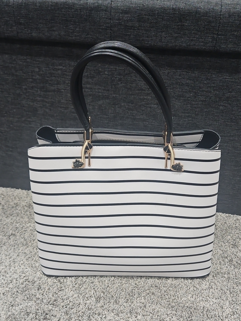 Striped Tote Bag with Black Handles - Classic Black & White